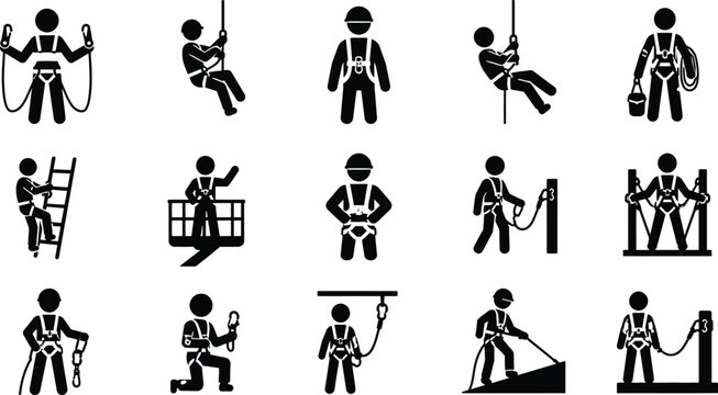 Detailed black and white vector illustration showing various construction workers wearing safety harnesses and essential gear for industrial height tasks