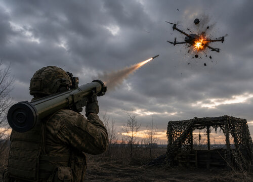 Soldier intercepting hostile drone with portable air defense missile