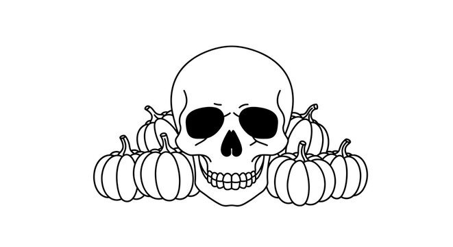 Hand Drawn Line Art Illustration Featuring A Spooky Human Skull Surrounded By Seasonal Autumn Pumpkins For Halloween Celebration Design Elements