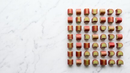 Naklejka premium Collection of fresh rhubarb pieces arranged neatly on a white surface ready for baking and seasonal dessert recipes in a country kitchen setting