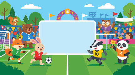 Fototapeta premium A vibrant cartoon illustration depicts a group of anthropomorphic animals playing a friendly soccer match on a sunny day, with a large blank banner for text in the center.