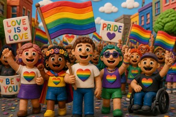 Fototapeta premium Diverse crowd holding rainbow flags at pride parade street celebration