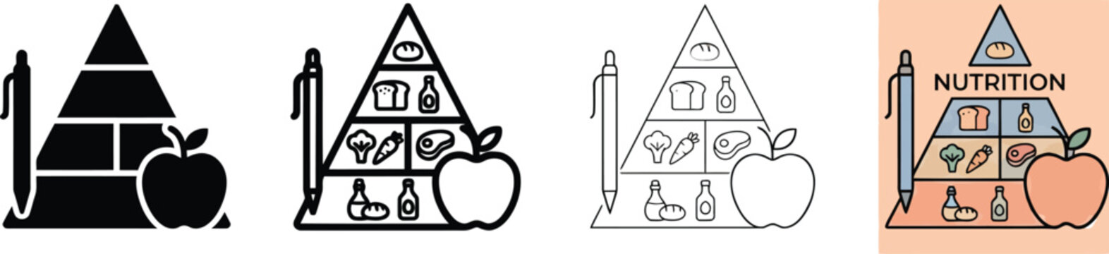 Healthy eating food pyramid infographic illustration with various food groups pen and apple for balanced diet plan design concept