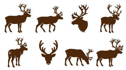 Collection of brown reindeer silhouettes with antlers. © Penjual