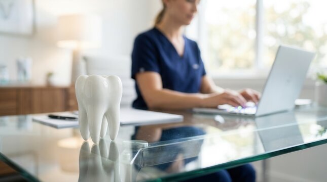 A white dental model tooth sits on a desk in front of a person using a laptop for online dental insurance.