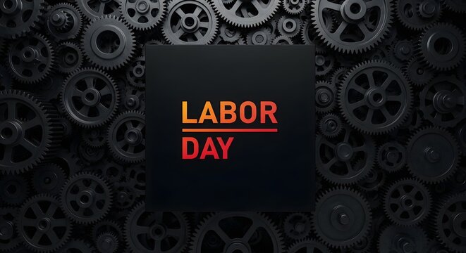 Labor day text with gradient colors on a background of black gears