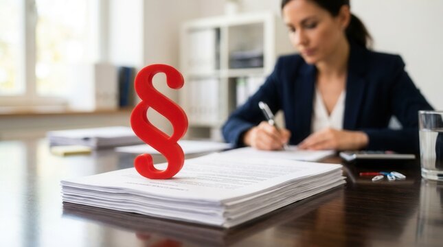 A close-up of a red paragraph symbol standing on legal documents.