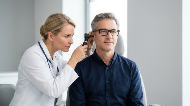 An otolaryngologist performs an ear check using an otoscope on a middle-aged male patient.