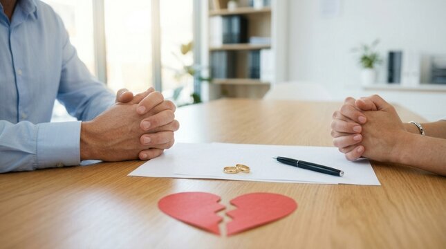 Close up of a couple's hands on divorce papers with wedding rings and a broken heart.