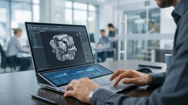 Male engineer using 3D CAD software on a laptop to develop mechanical parts.
