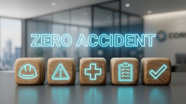Zero accident and workplace safety concept with glowing neon text and compliance icons on wooden blocks in modern corporate office