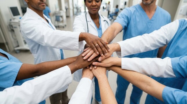 Elevated view of diverse doctors stacking hands in teamwork
