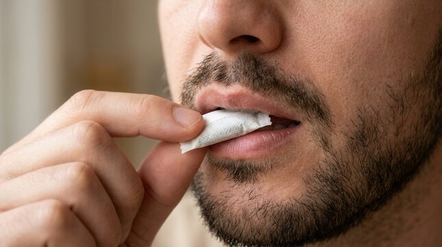 Close up of a man placing a wet moist nicotine tobacco snus pouch in his mouth.