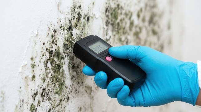 A person wearing blue gloves uses a device for measuring wetness on a moldy wall.