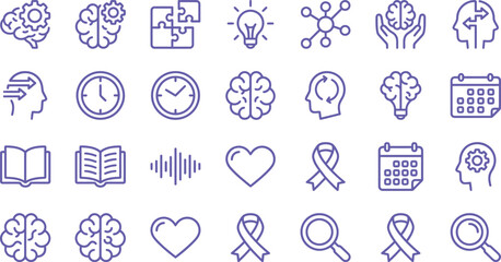 Fototapeta premium A collection of blue line vector icons representing mental health, cognitive psychology, and medical concepts