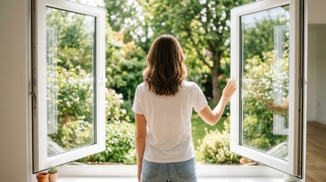 A woman looking through an open window towards a green garden.