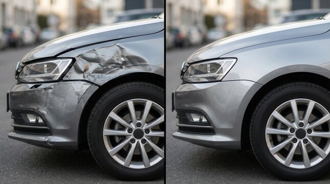 Close-up of a car dent repair showing the damaged fender before and after.
