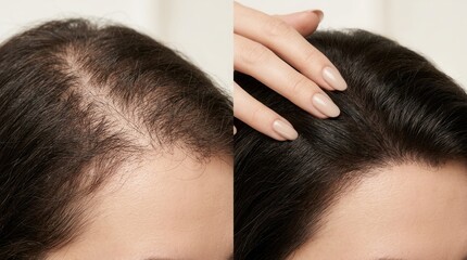 Naklejka premium Before and after comparison of hair loss treatment results on a woman's scalp.