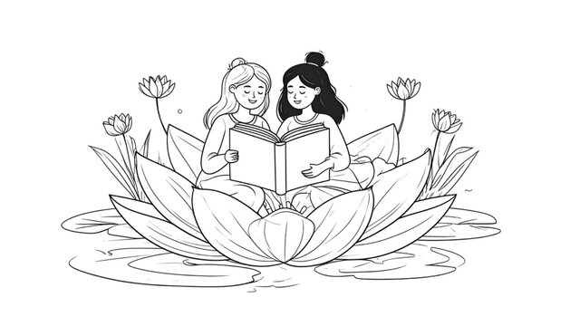 Two women reading a book together.