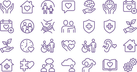 Fototapeta premium A collection of purple vector line icons representing healthcare charity community social support and wellness