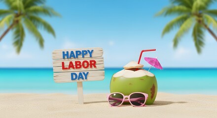 Happy labor day sign with coconut and sunglasses on beach