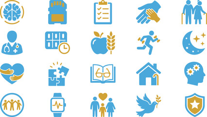Fototapeta premium Set of blue and gold vector icons representing health, lifestyle, community, and daily wellness activities