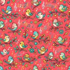 Naklejka premium Colorful cartoon birds on branches with music notes and flowers on red background