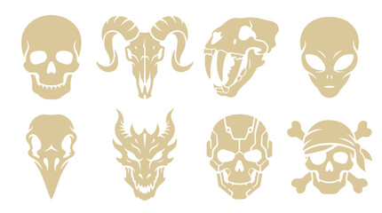 Fototapeta premium Diverse skull and creature head silhouette icon collection.