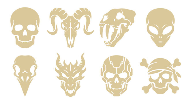 Diverse skull and creature head silhouette icon collection.
