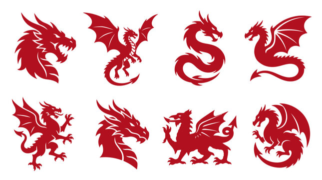 Red dragon silhouettes and icons.