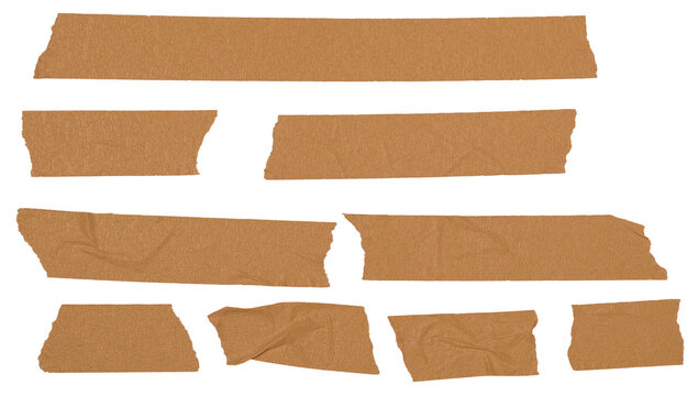 Brown paper masking tape set isolated on transparent background. Ripped adhesive tape pieces with torn edges and wrinkles for scrapbooking. Png transparent.