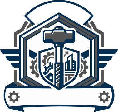 Industrial sledge hammer vector badge with gears and shield