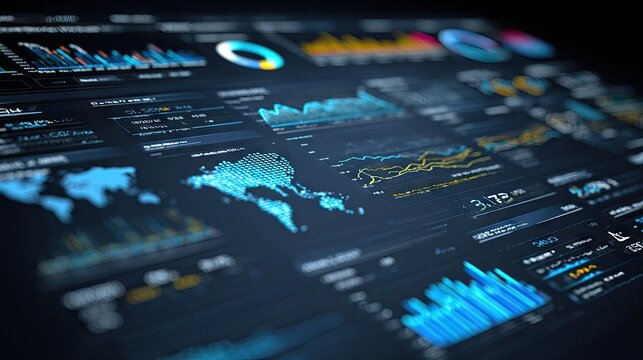Global data analytics dashboard with blue world map.