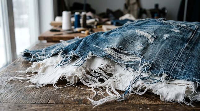 Close-up of heavily frayed blue denim with torn edges on a wooden table. Concept of worn clothing, textile texture, clothing repair and sustainable fashion.