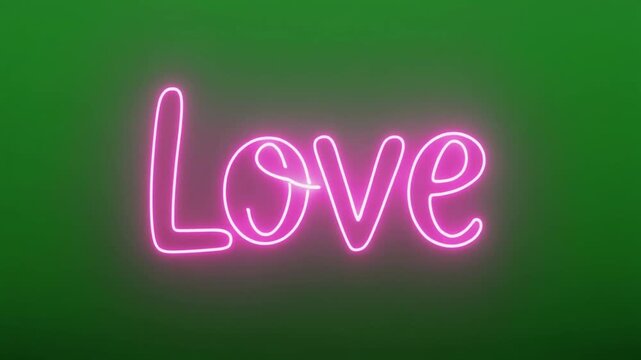 Glowing pink neon sign with the word Love on a dark green background.