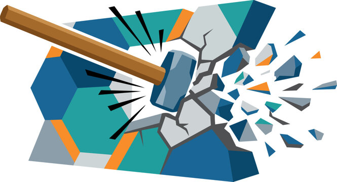 Sledge hammer vector breaking through a colorful geometric wall