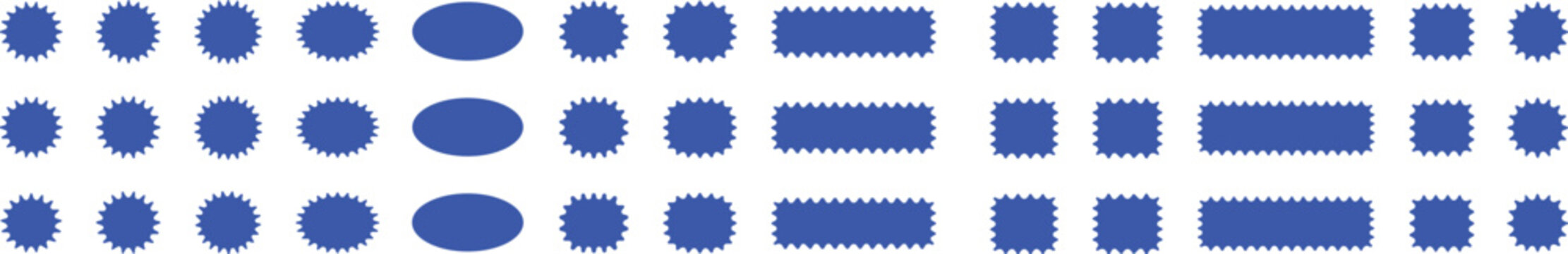 Collection of assorted blue starburst oval and rectangle shapes with jagged edges isolated on a transparent background for graphic design elements