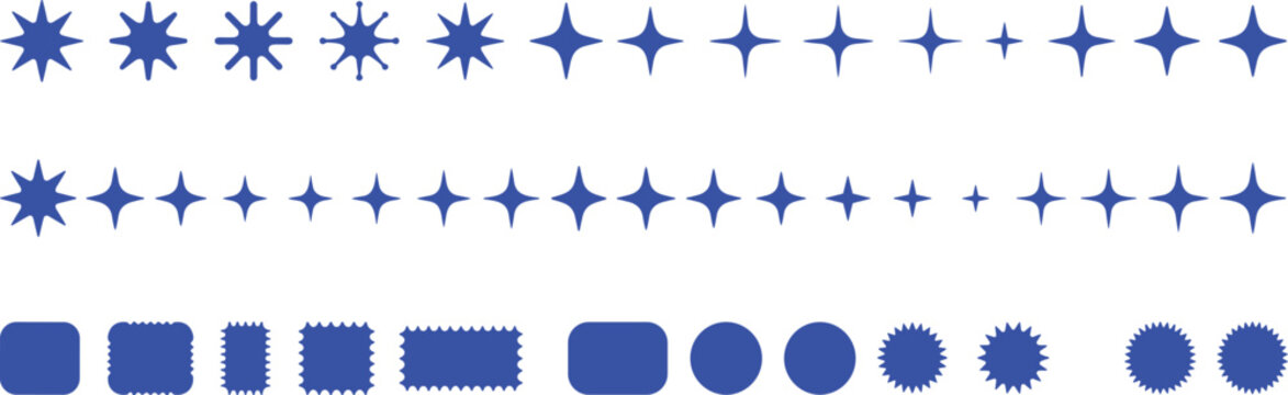 Collection of various blue starburst shapes and rounded rectangles or stamps with a transparent background ideal for graphic design elements