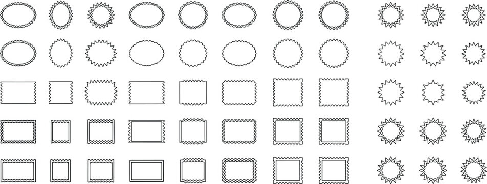 Collection of various decorative outlined shapes including circles ovals starbursts and scalloped rectangles perfect for labels or design elements