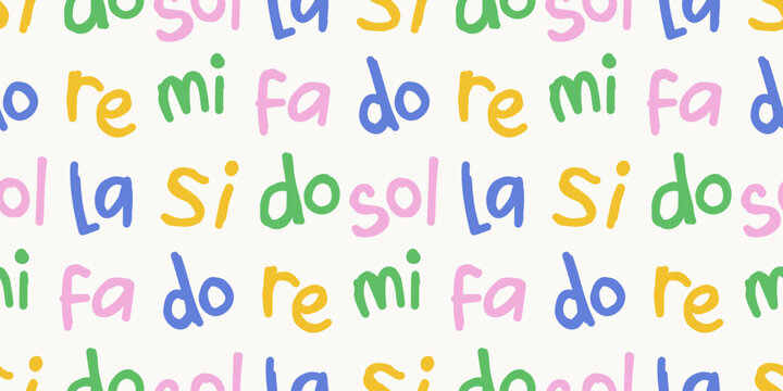 Seamless pattern of colorful hand drawn do re mi fa musical solfeggio lettering
