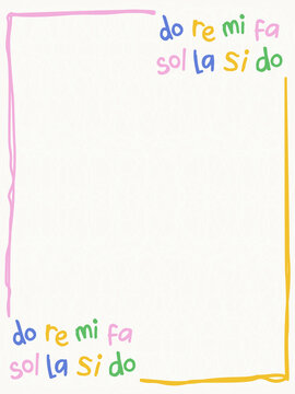 Blank rectangular frame template with colorful hand drawn do re mi musical lettering border
