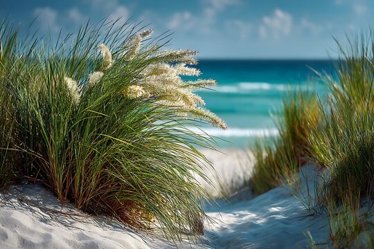 Sandy path framed by dune grasses leads to tropical turquoise beach and ocean.