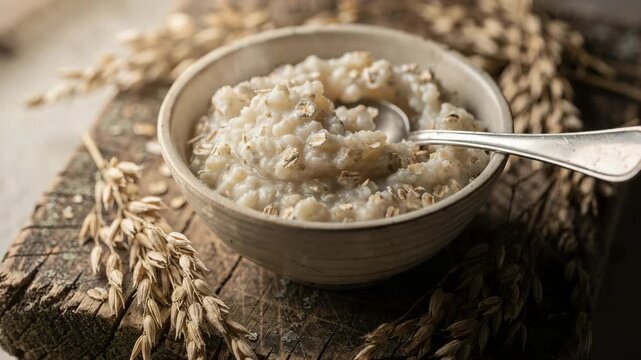 A bowl filled with cooked quinoa grains on a wooden table, surrounded by scattered wheat kernels.