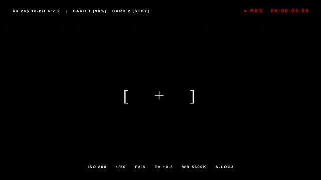 Cinematic 10-bit camera recording monitor overlay with S-Log3 settings and focus brackets