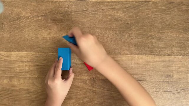 Child Hands Sort Red and Blue Wooden Blocks into Two House Shapes by Color, 4K