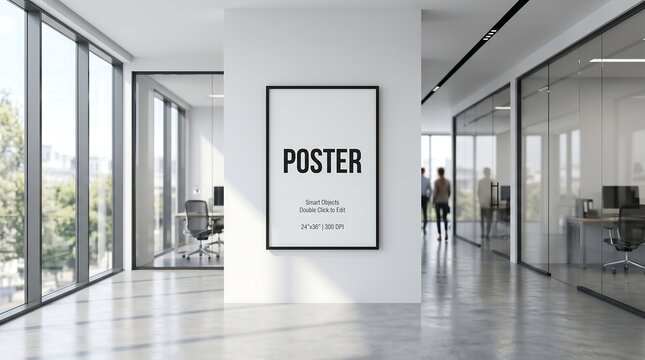 Vertical poster mockup hanging on white wall pillar in modern bright office corridor with minimalist interior design and glass room partitions