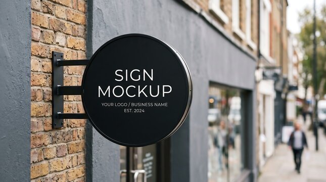 Photorealistic circular outdoor signage mockup prominently displayed on a brick wall, perfect for showcasing business branding and logo in an urban street setting