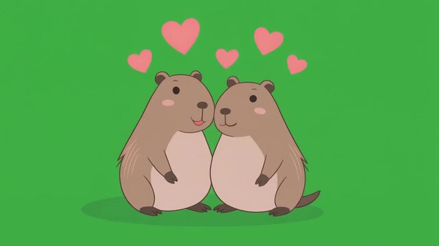 Cute cartoon illustration of two capybaras in love with pink hearts isolated on a green screen chroma key background.