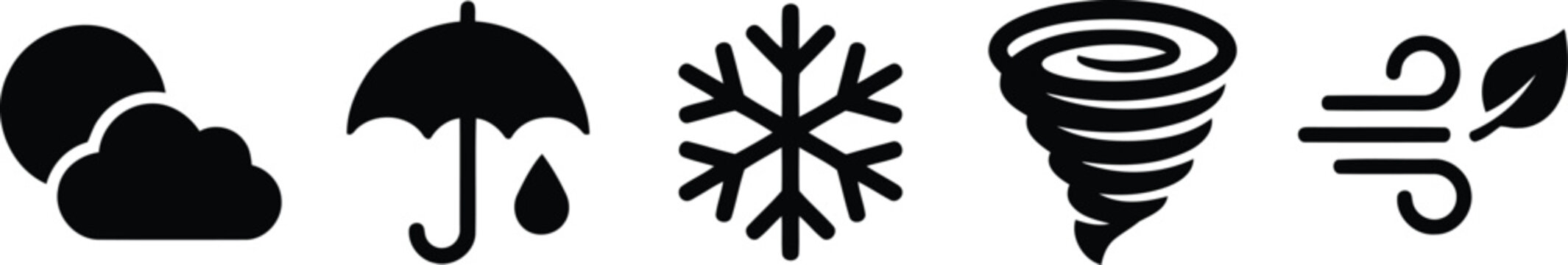 Black weather icons set including cloud sun rain snow tornado and wind
