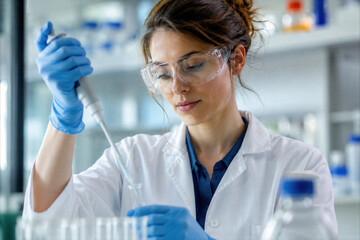 Fototapeta premium Focused female scientist in white lab coat and safety goggles using a micropipette to analyze samples in a modern clinical laboratory.